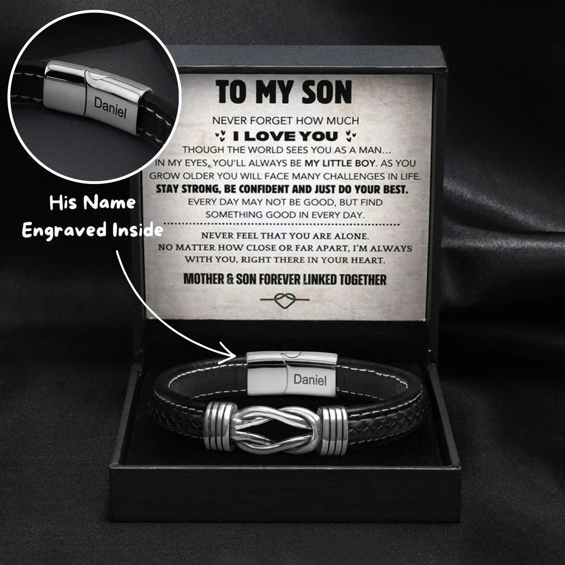 Son's Infinity Bracelet Gift Set w/ Engraved Name